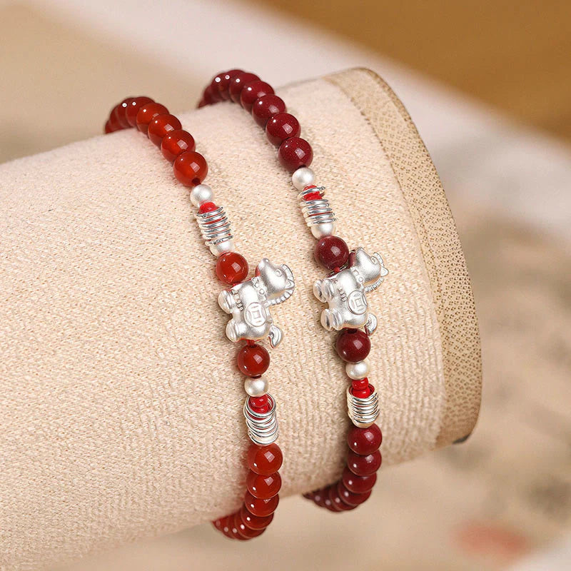 Buddha Stones Year Of The Horse Red Agate 999 Sterling Silver Cinnabar Calm Bracelet