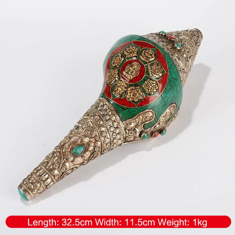 Buddha Stones Tibetan Handmade Engraved Shankha Double Dorje Buddha Conch Shell Wealth Positive Decoration