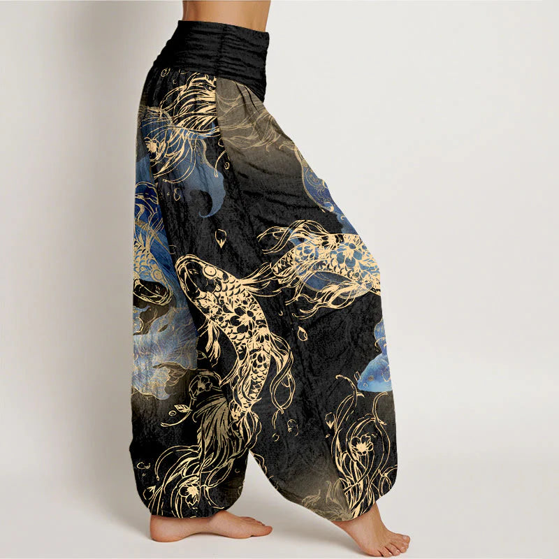 Buddha Stones Pure Cotton Lively Koi Fish Pattern Women's Elastic Waist Harem Pants