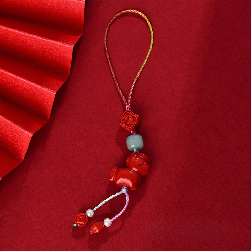 Buddha Stones Year of the Horse Natural Cinnabar Fu Character Blessing Phone Hanging Decoration