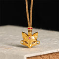 Buddha Stones 24k Gold Plated Brass Fox Charm Texture Rope Necklace Pendant