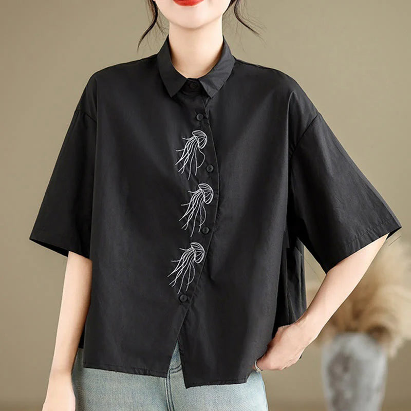 Buddha Stones Casual Women's Embroidered Jellyfish Pattern Stand Collar Buttons Design Half Sleeve Cotton Shirt