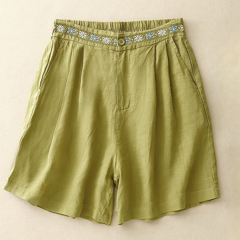 Buddha Stones Summer Casual Embroidery Flower Pleated Zipper Button Cotton Linen Women's Shorts With Pockets