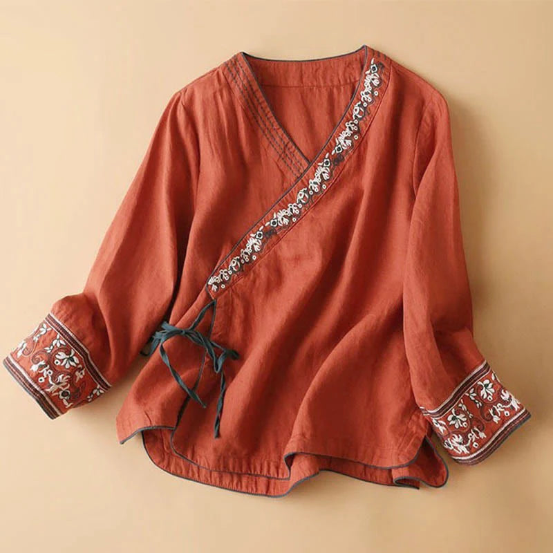 Buddha Stones Casual Embroidered Flowers Slant Collar Strap Long Sleeve Cotton Women's Shirt