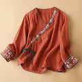 Buddha Stones Casual Embroidered Flowers Slant Collar Strap Long Sleeve Cotton Women's Shirt