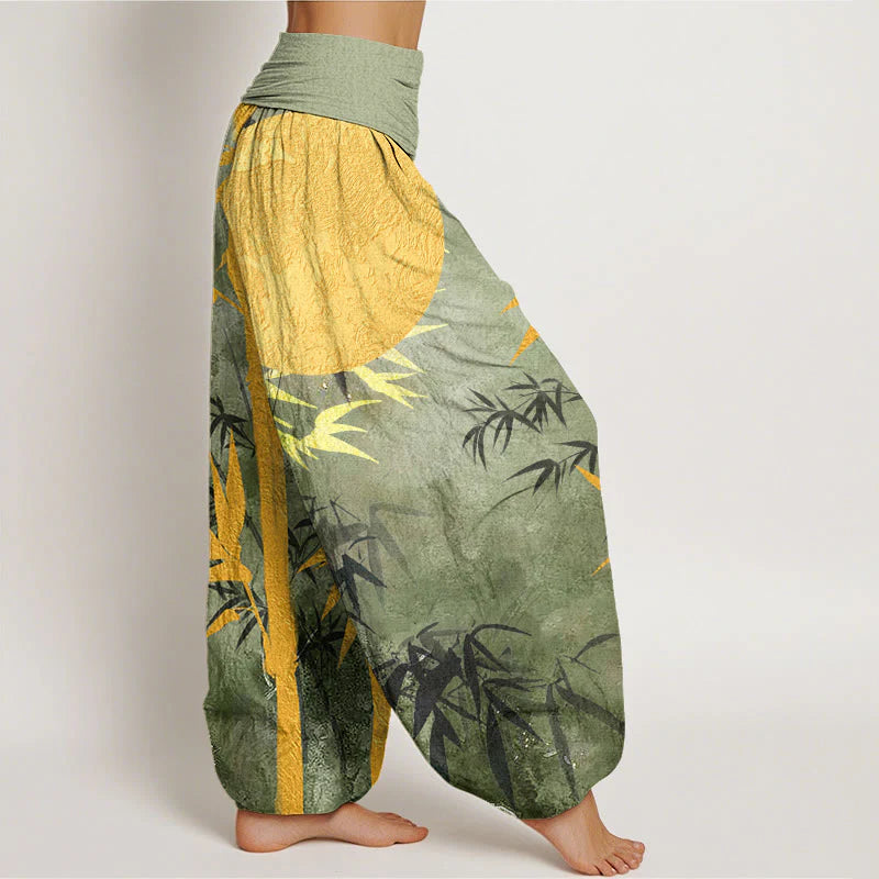 Buddha Stones Cotton Bamboo Leaves Full Moon Pattern Women's Elastic Waist Harem Pants