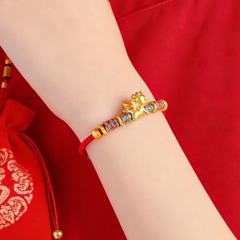 Buddha Stones Year of the Horse 999 Sterling Silver Plated Gold Braided String Rope Protection Bracelet