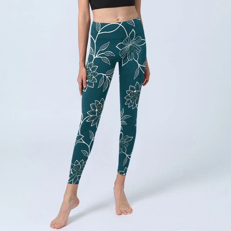 Buddha Stones Retro Elegant Flower Leaf Pattern Print Gym Leggings Women's Yoga Pants