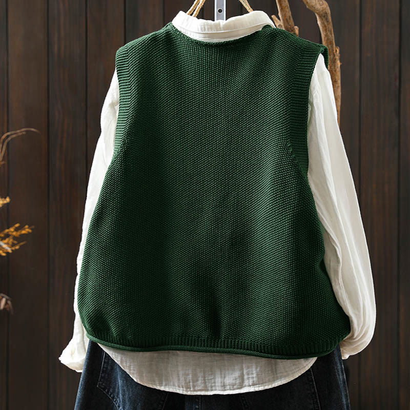 Buddha Stones Figure Rabbit Tree Embroidery Buttons Women's Sleeveless Cotton Knitted Vest Waistcoat