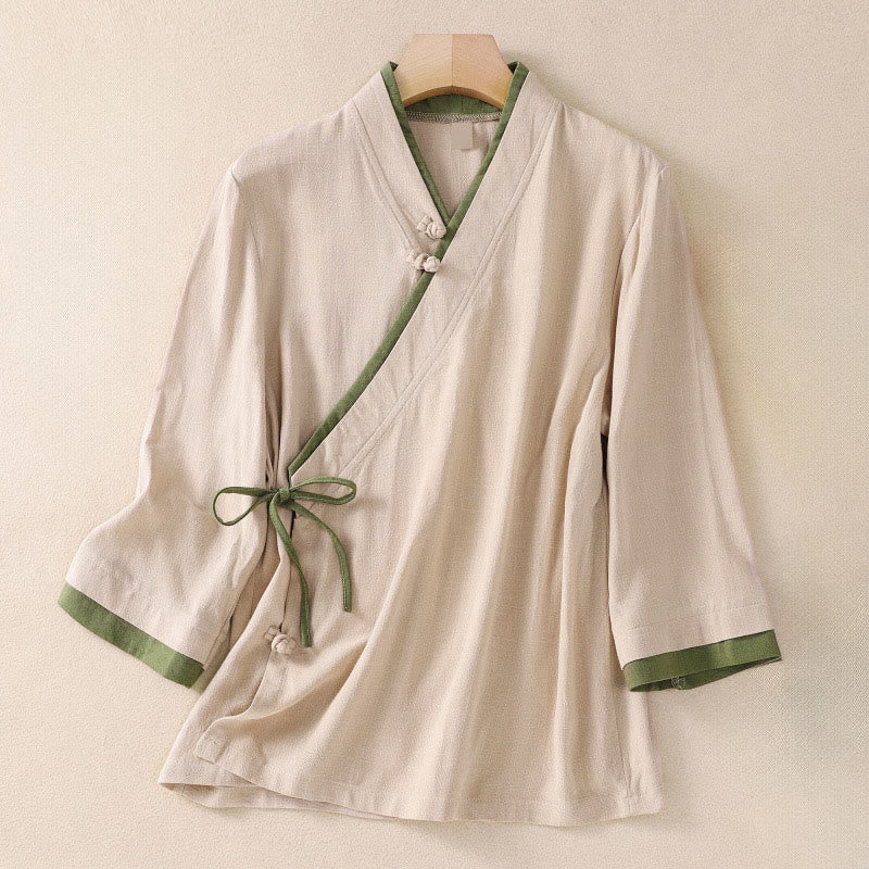Buddha Stones Retro Lace-up Frog-Button Design Women's Three Quarter Sleeve Cotton Linen Shirt