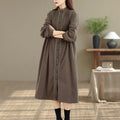 Buddha Stones Winter Pleated Buttons Down Long Sleeve Corduroy Women's Midi Dress With Pockets