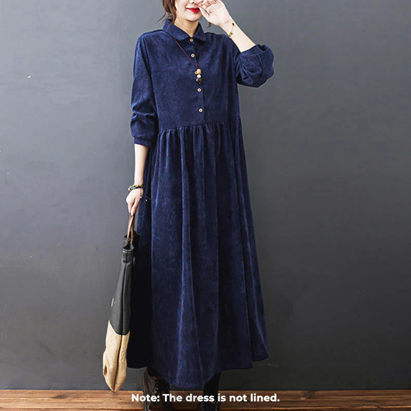 Buddha Stones Fall Buttons Design Long Sleeve Cotton Corduroy Midi Dress With Pockets
