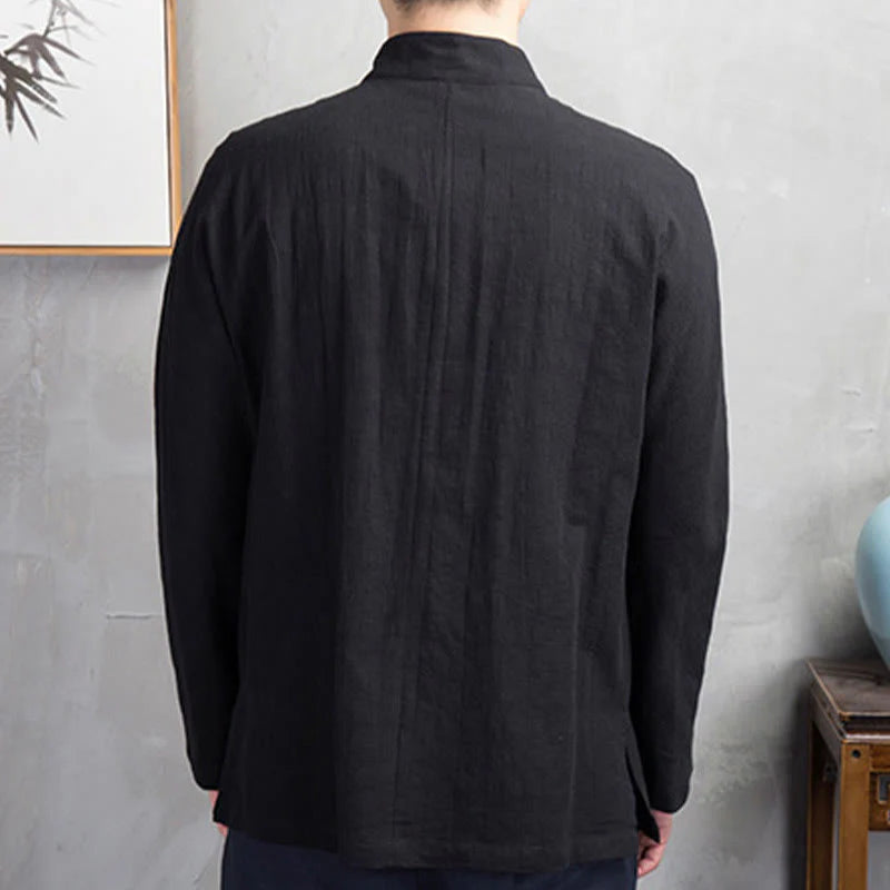 Buddha Stones Solid Color Casual Frog-button Men's Shirt Clothing