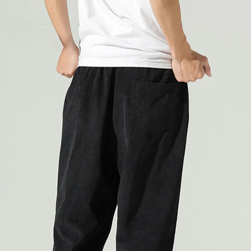 Buddha Stones Fall Plain Corduroy Embroidery Design Men's Harem Pants With Pockets