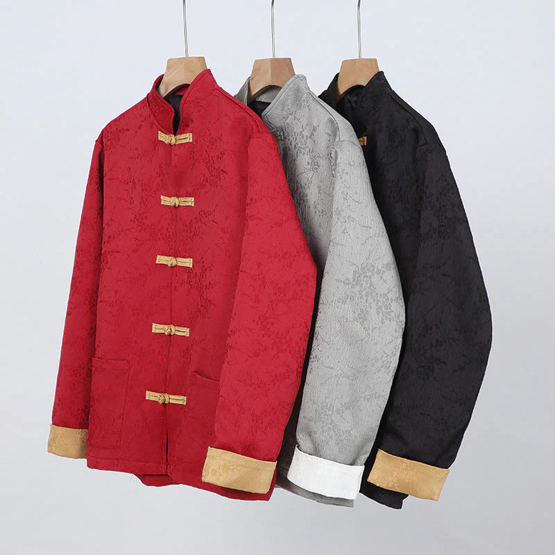 Buddha Stones Jacquard Stand Collar Long Sleeve Men's Cotton Jacket With Pockets