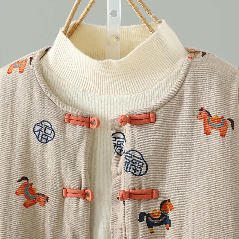 Buddha Stones Horse Fu Character Pattern Frog-Button Design Women's Long Sleeve Thickened Jacket