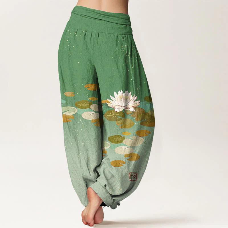 Buddha Stones Printed White Lotus Leaves Pattern Women's Elastic Waist Harem Pure Cotton Pants