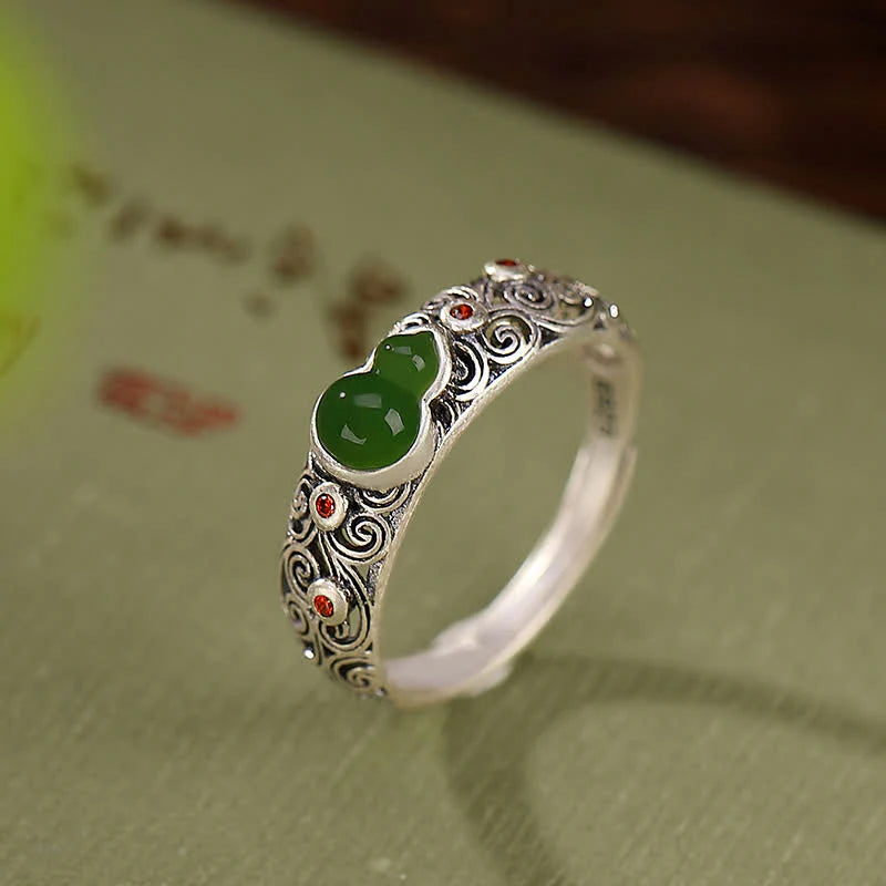 Buddha Stones 925 Sterling Silver Red Agate Cyan Jade Gourd Blessing Auspicious Ring