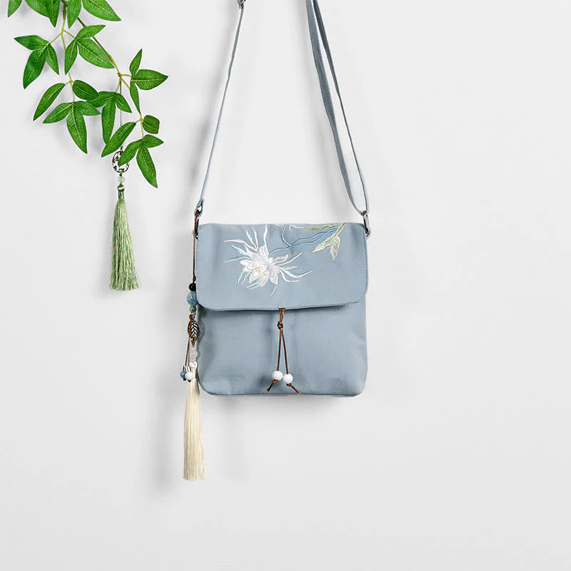 Buddha Stones Plain Embroidered LightBlue Epiphyllum Cotton Linen Crossbody Bag Shoulder Bag