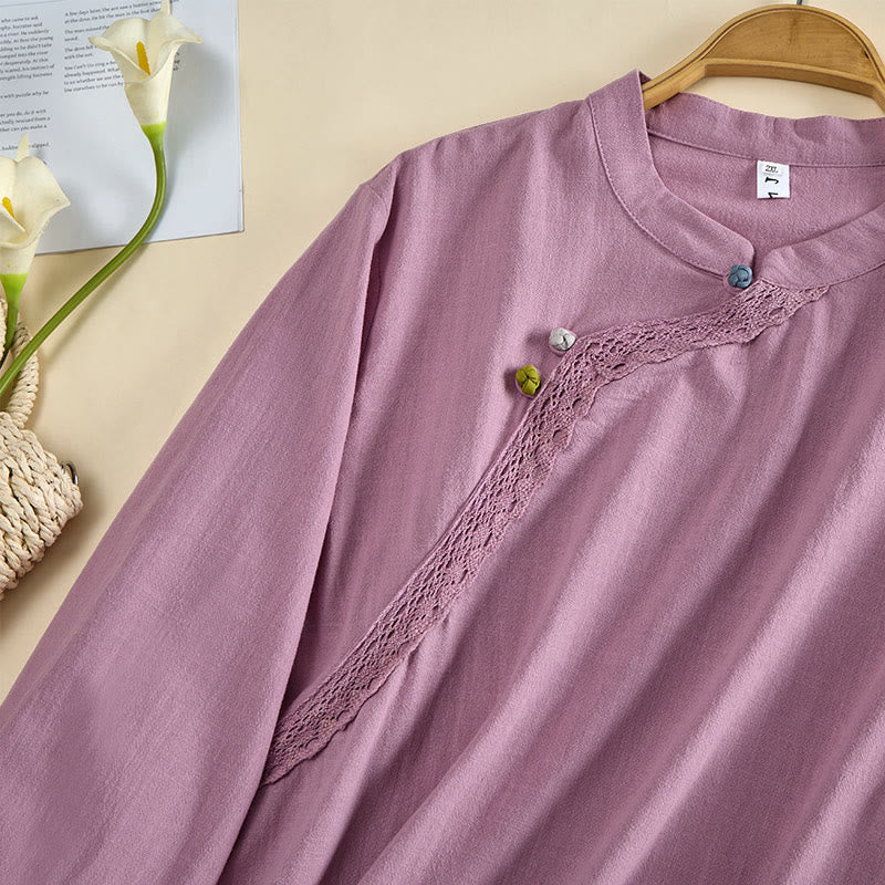 Buddha Stones Plain Crew Neck Frog-Button Long Sleeve Women's Cotton Shirt