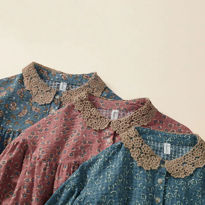 Buddha Stones Front Button Design Floral Print Pattern Women's Cotton Half Sleeve Shirt