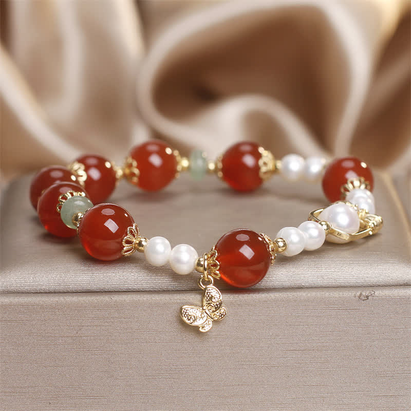 FREE Today: Self-acceptance and Calm Natural Red Agate Pearl Butterfly Bracelet