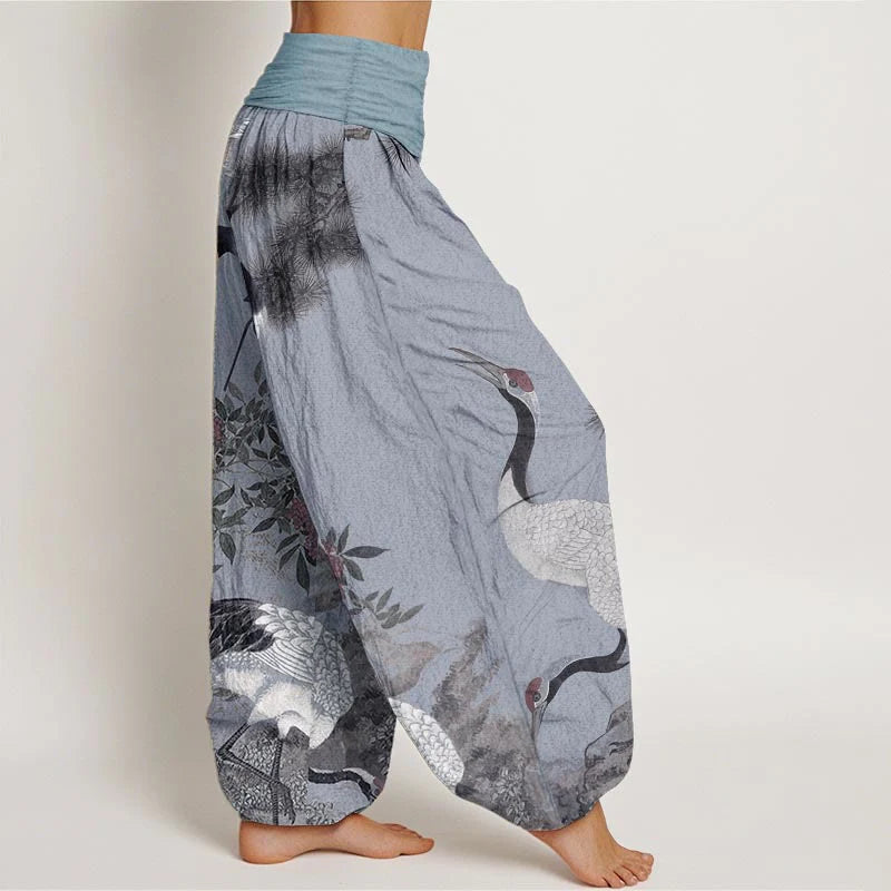 Buddha Stones Pure Cotton Casual Red-crowned Crane Pine Tree Mountain Women's Elastic Waist Harem Pants