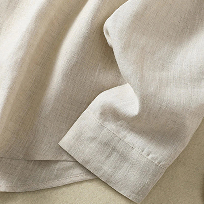 Buddha Stones Spring Plain Buttons Design V-Neck Long Sleeve Women's Cotton Linen Shirt