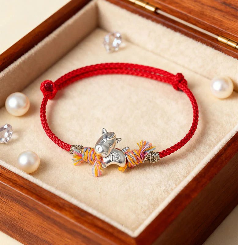 Buddha Stones Year of the Horse 999 Sterling Silver Winged Horse Fu Character Red String Luck Bracelet
