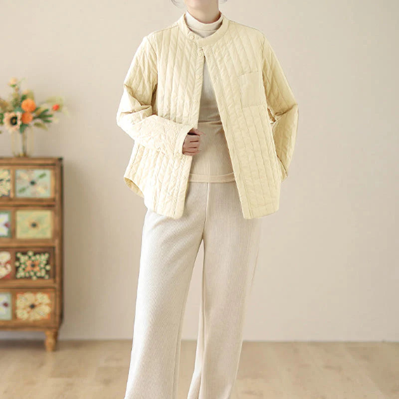 Buddha Stones Women's Stand Collar Simple Design Long Sleeve Thermal Cotton Jacket With Pocket