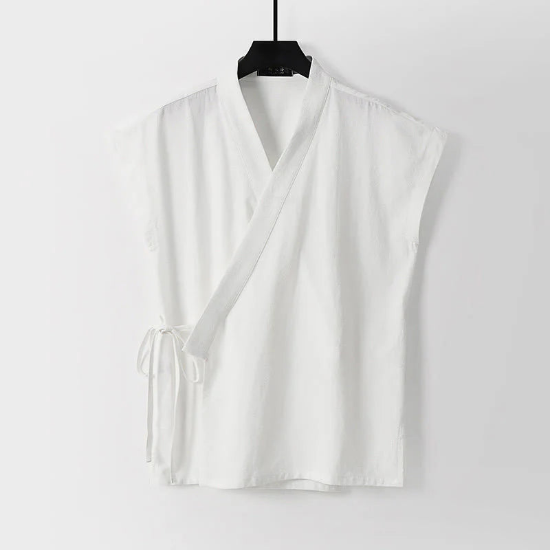 Buddha Stones Summer Solid Color V-Neck Sleeveless Men's Cotton Linen Vest
