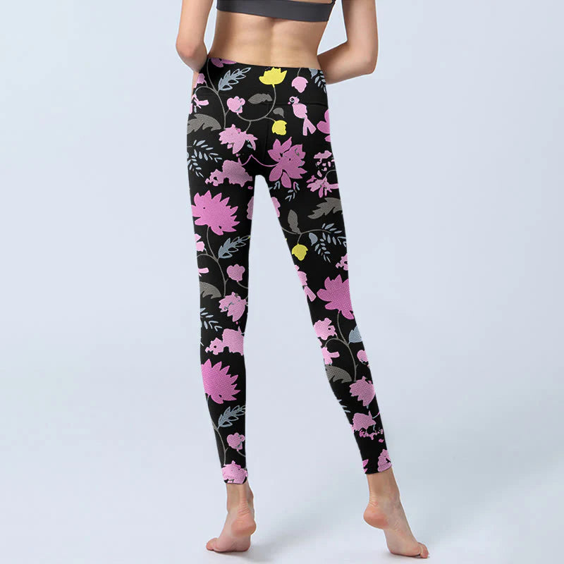 Buddha Stones Watercolor Style Softly Colored Flower Leaf Pattern Print Gym Leggings Women's Yoga Pants