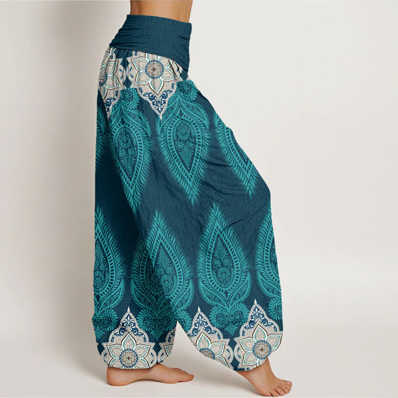 Buddha Stones Cotton Casual Feather Flower Design Women's Elastic Waist Harem Pants