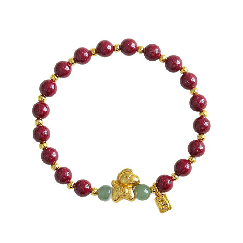 Buddha Stones Chinese Zodiac Year of the Horse Fu Character Cinnabar Hetian Jade Blessing Bracelet