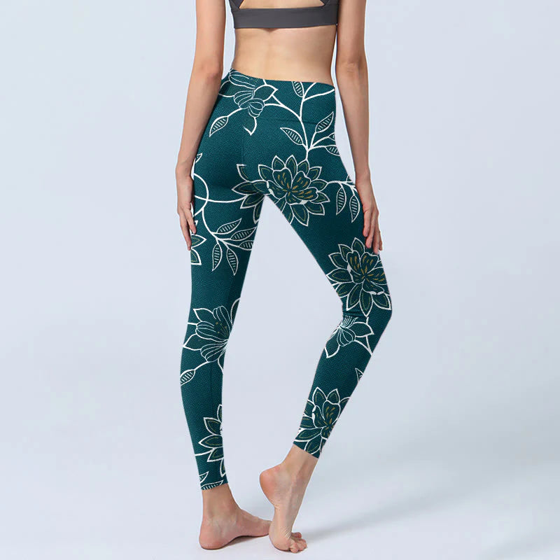 Buddha Stones Retro Elegant Flower Leaf Pattern Print Gym Leggings Women's Yoga Pants
