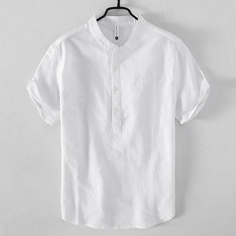 Buddha Stones Soft Embroidery Crane Pattern Stand Collar Cotton Linen Half Button Men's Shirt