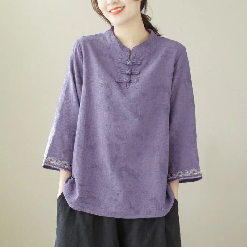 Buddha Stones Jacquard Frog-button Stand Collar Embroidered Three Quarter Sleeve Design Women's Cotton Shirt