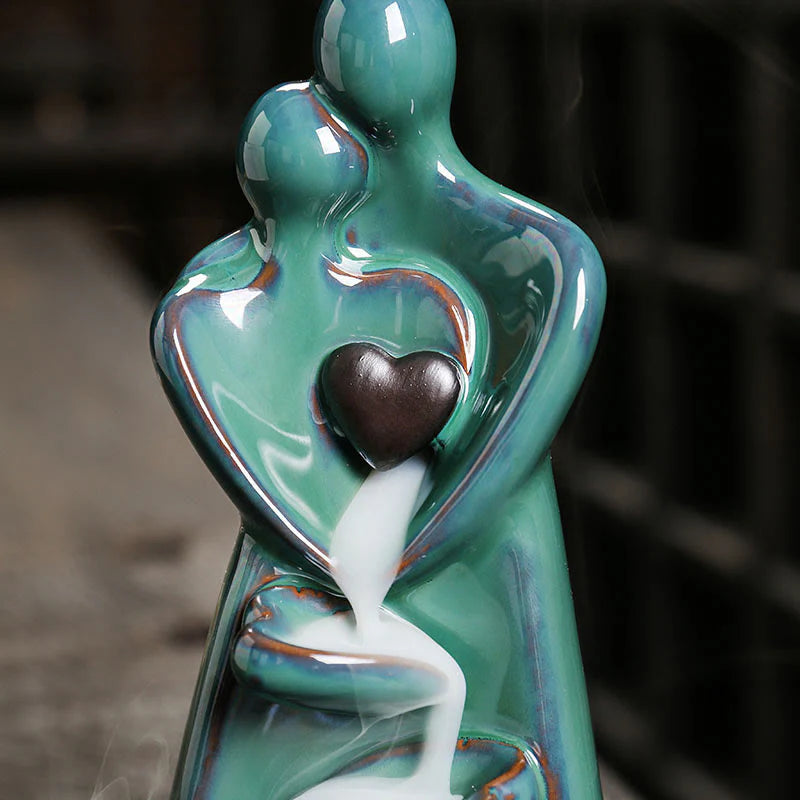 Buddha Stones Lovers Couple Embrace Love Ceramic Backflow Smoke Fountain Healing Incense Burner Decoration