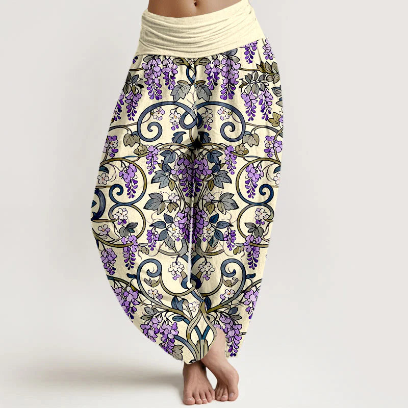 Buddha Stones Pure Cotton Retro Gorgeous Wisteria Women's Elastic Waist Harem Pants