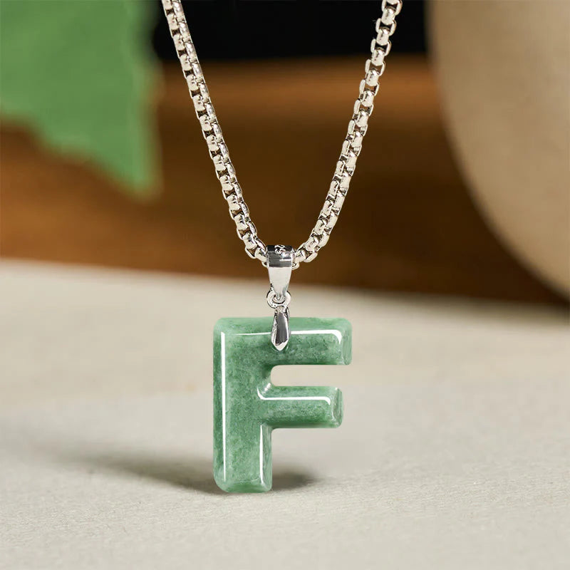 Buddha Stones Natural A-Z Letter Jade Titanium Steel Wide Chain Prosperity Necklace Pendant