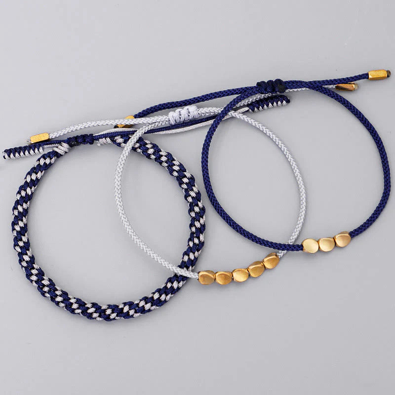 Buddha Stones 3Pcs Blue Gray String Golden Copper Beads Self Care Bracelet
