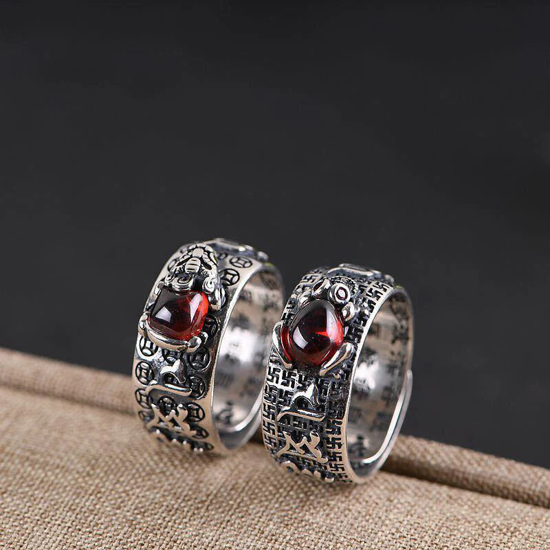 Buddha Stones Genstone PiXiu Feng Shui Frog Vajra Dorje Heart Sutra Wealth Adjustable Ring