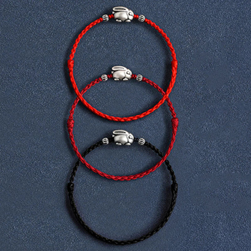 Buddha Stones Handmade 999 Sterling Silver Rabbit Luck Rope Bracelet Anklet