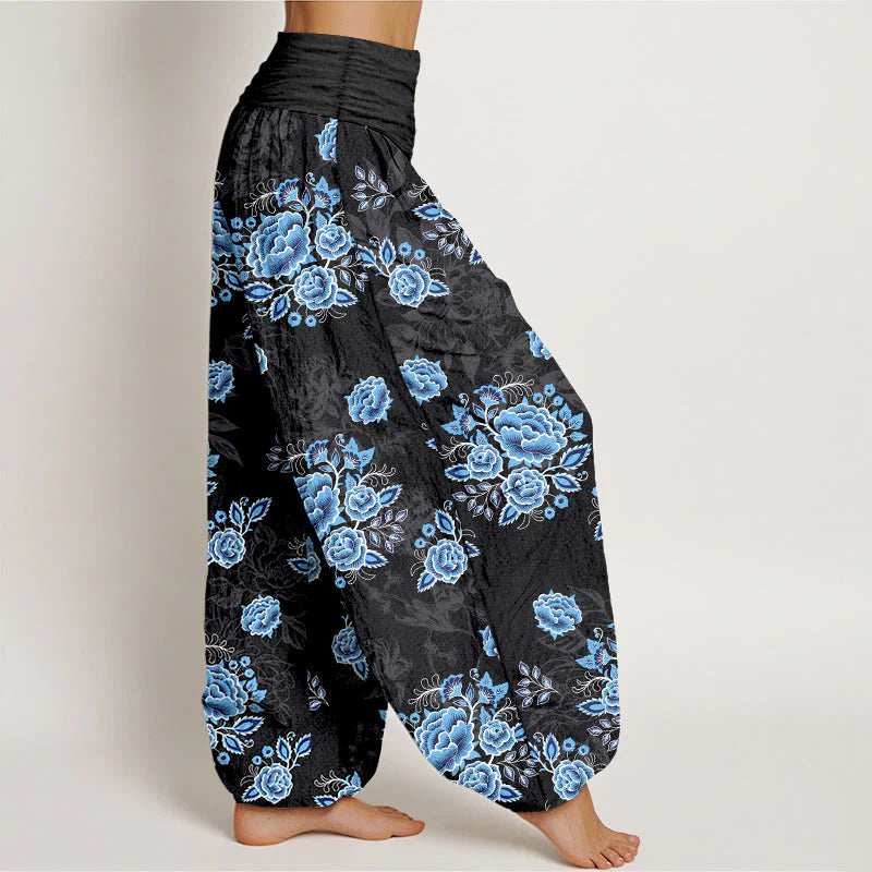 Buddha Stones Pure Cotton Blue Flower Pattern Women's Elastic Waist Harem Pants