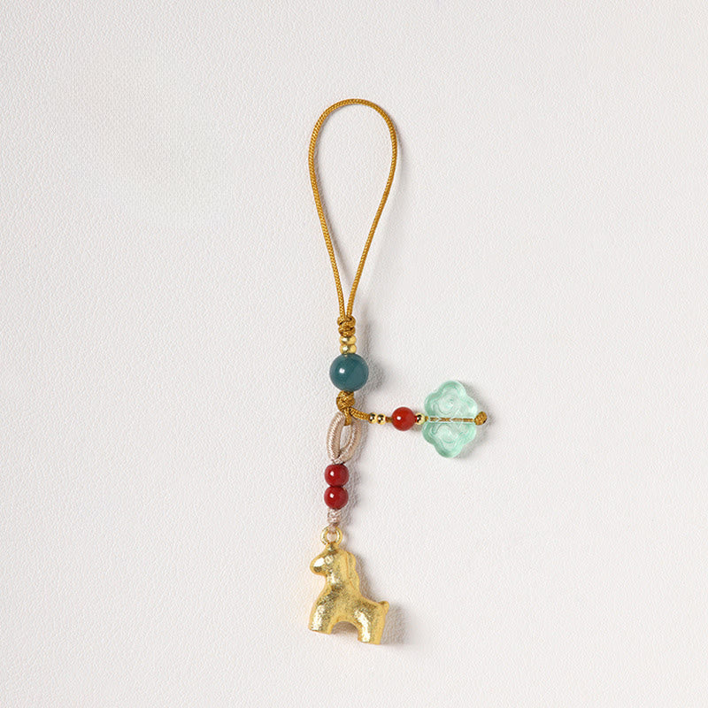 Buddha Stones Year of the Horse Copper Cinnabar Blue Chalcedony Red Agate Liuli Luck Phone Hanging Decoration