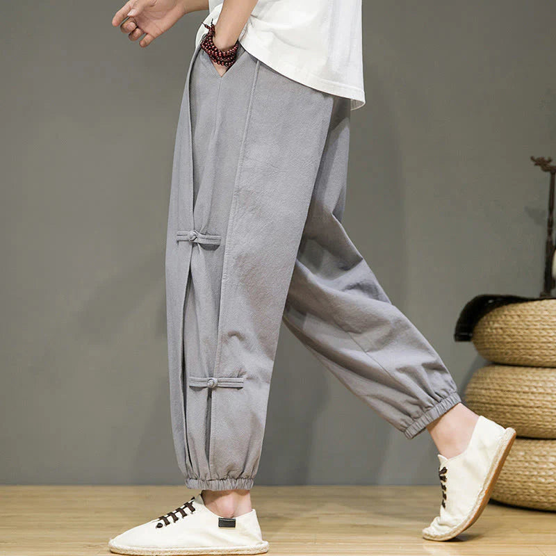Buddha Stones Summer Vintage Drawstring Chinese Frog-Button Design Men's Cotton Linen Harem Pants With Pockets