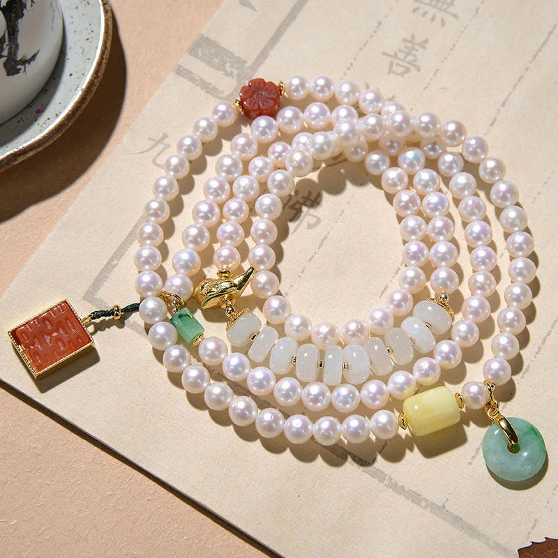 Buddha Stones 925 Sterling Silver Pearl Hetian Jade Red Agate Double Happiness Amber Luck Quadruple Wrap Bracelet (Extra 30% Off | USE CODE: FS30)