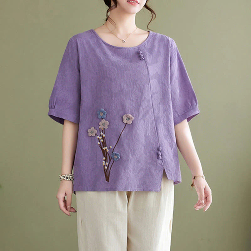 Buddha Stones Three-dimensional Flowers Design Crew Neck Short Sleeve Cotton Women's Shirt