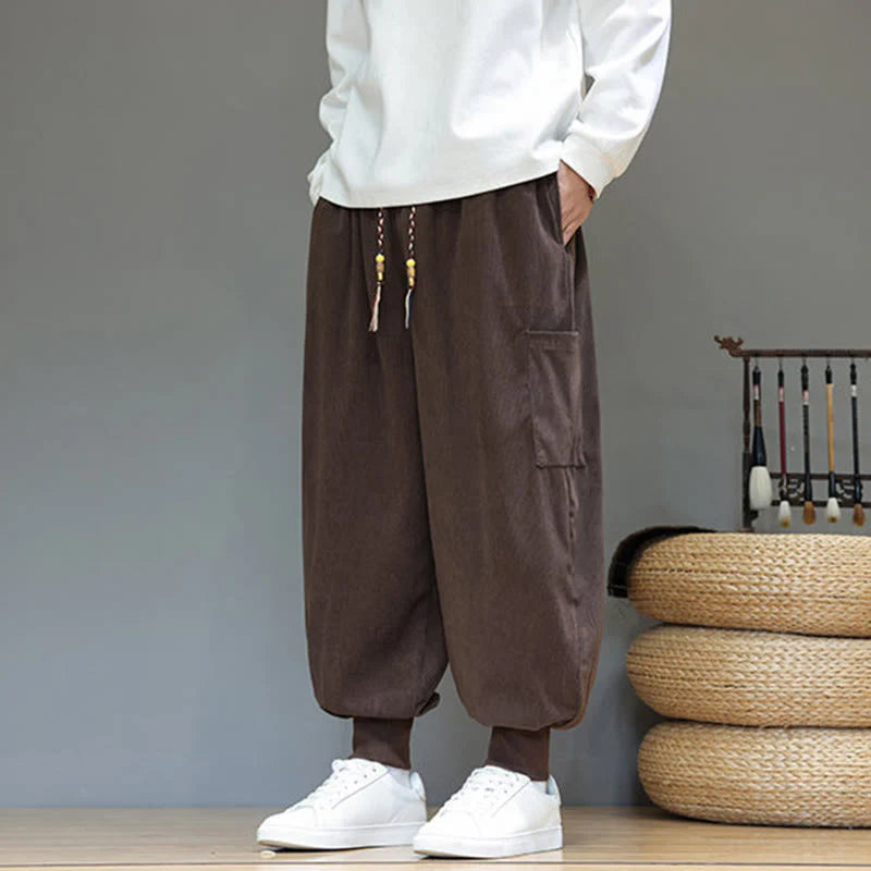 Buddha Stones Spring Solid Color Men's Ankle-Length Cotton Pants With Pockets