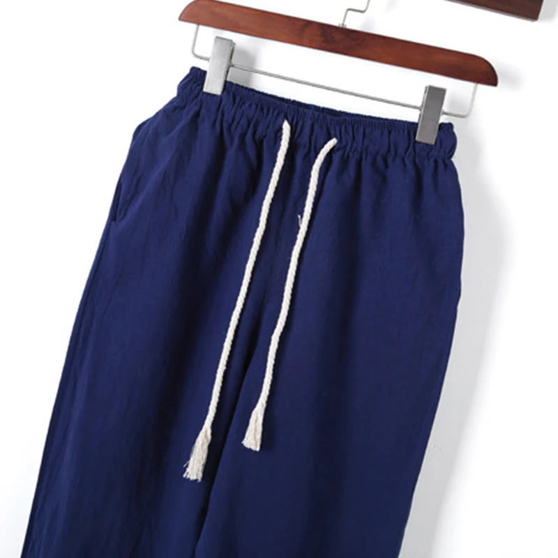 Buddha Stones 2Pcs Solid Color Men's Frog-Button Long Sleeve Cotton Shirt Pants Set With Pockets